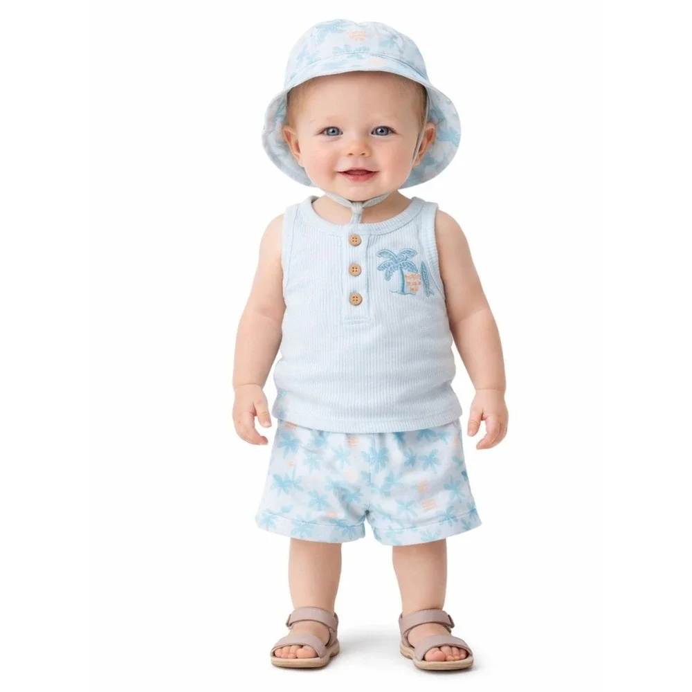 CHICKPEA 3 Piece‎ Palm Tree Tank Shorts Hat Set 3-6M Blue Tropical NWT